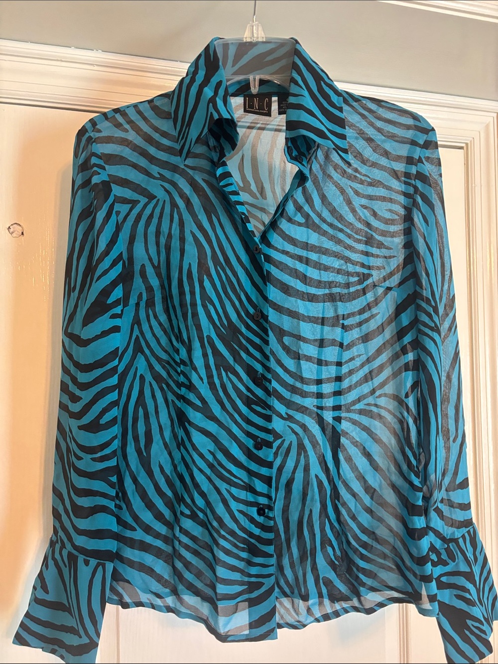 L.N.C. Sheer Teal & Black Zebra Print Button-Up Blouse